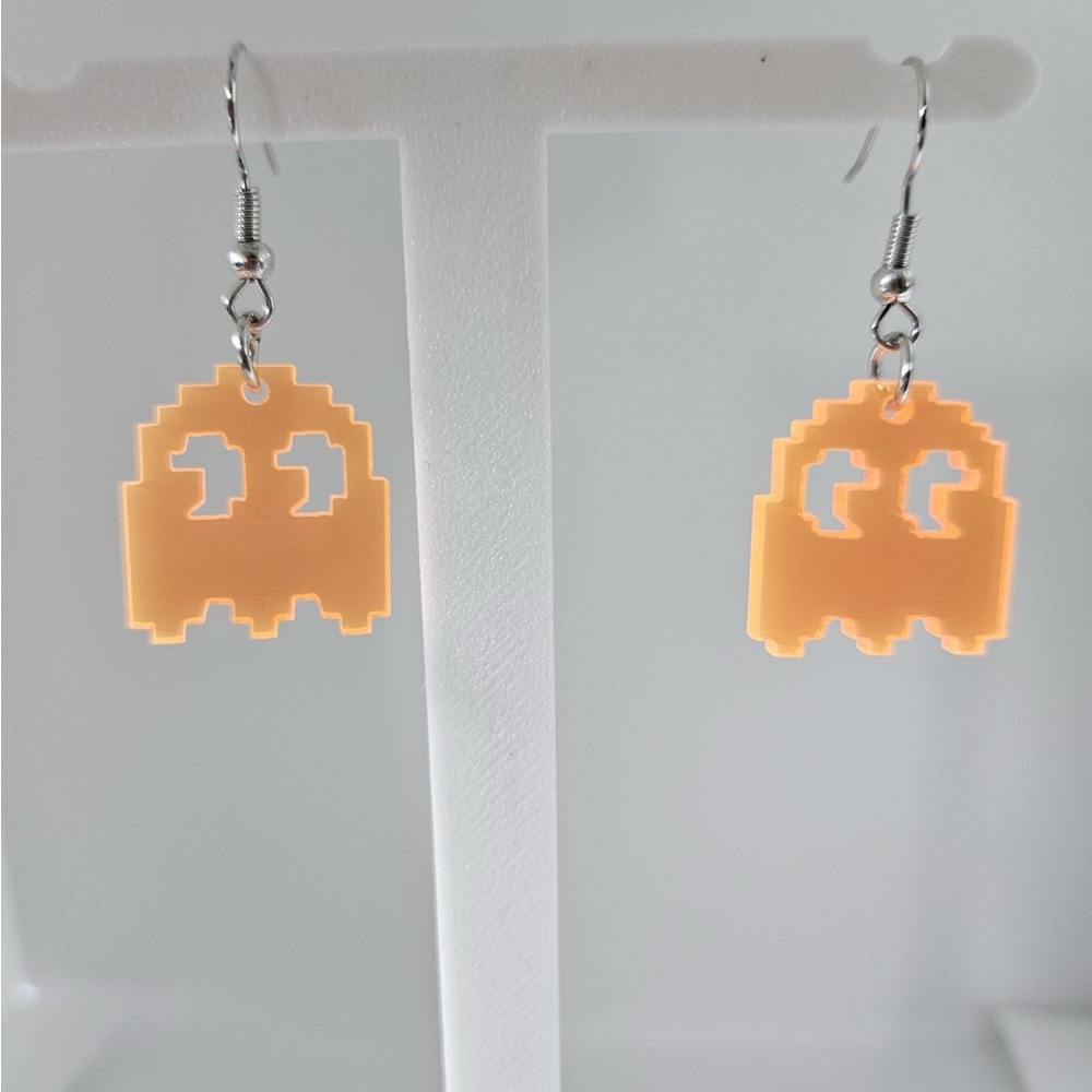 Retro Pixel Ghost Earrings - Peach